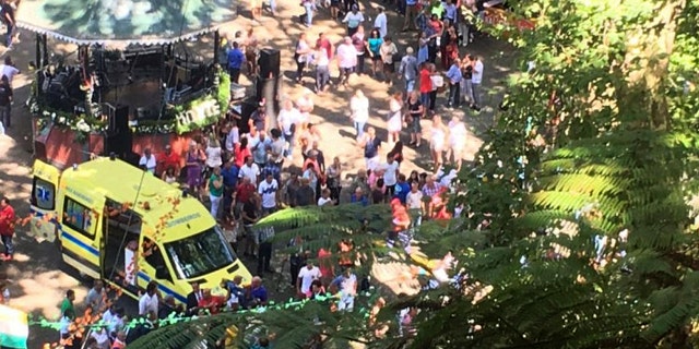 An ambulance attends the scene after a tree fell on a large crowd gathered as part of a traditional religious festival in the outskirts of Funchal, the capital of Madeira island, Portugal.