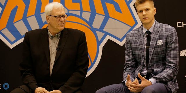 TARRYTOWN, NY - JUNE 26: Kristaps Porzingis, first round Draft pick of the New York Knicks speaks to the media at the Madison Square Garden Training Facility on June 26, 2015 in Tarrytown, New York. NOTE TO USER: User expressly acknowledges and agrees that, by downloading and or using this photograph, User is consenting to the terms and conditions of the Getty Images License Agreement. Mandatory Copyright Notice: Copyright 2015 NBAE (Photo by Steven Freeman/NBAE via Getty Images)