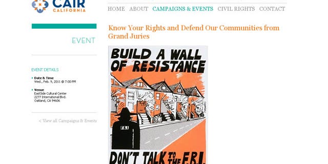 Image from the CAIR website that uses a poster encouraging people not the talk to the FBI to promote an upcoming conference.