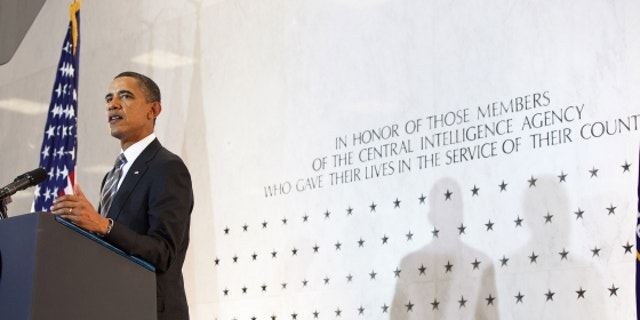 President Barack Obama delivers remarks to the intelligence community in the lobby of the Old CIA headquarters in Langley, Va., May 20, 2011. The backdrop is the CIA Wall of Stars. (Official White House Photo by Pete Souza)