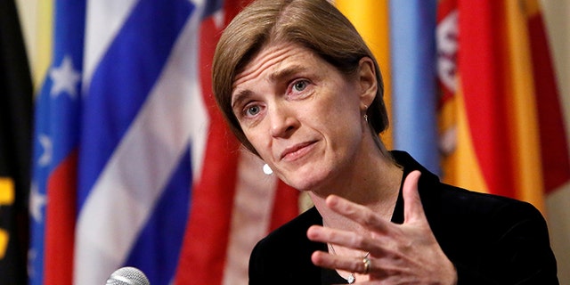 United States Ambassador to the United Nations Samantha Power addresses media following a United Nations Security Council vote,
