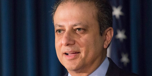 FILE - In this Dec. 21, 2016 file photo, United States District Attorney Preet Bharara announces chargesin New York, against Navnoor Kang, a former portfolio manager at the New York State Common Retirement Fund, and two broker-dealers, Deborah Kelley and Gregg Schonhorn, for participating in a "pay-for-play" scheme. A person with knowledge of U.S. Bharara's actions said Saturday, March 11, 2016, he is not complying with Attorney General Jeff Sessions' request to resign along with other prosecutors appointed by former President Barack Obama. (AP Photo/Mark Lennihan)