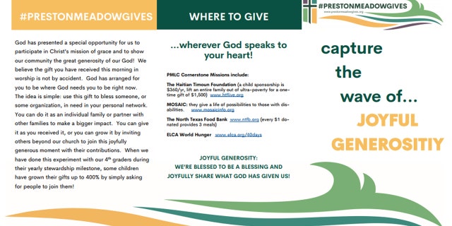 A pamphlet about a giving project at a church in Plano, Texas.