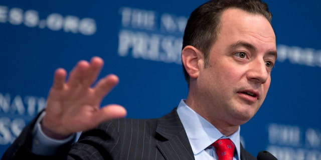 FILE: March 18, 2013: Republican National Committee (RNC) Chairman Reince Priebus gestures while speaking at the National Press Club in Washington, D.C.