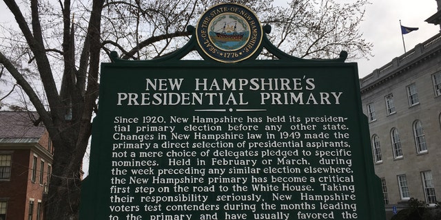 A sign outside the New Hampshire State Building in Concord, New Hampshire commemorates the nation's coveted first presidential election.