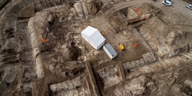 This aerial view shows the funerary complex where archaeologists discovered a Celtic prince's tomb dating to the fifth century B.C.