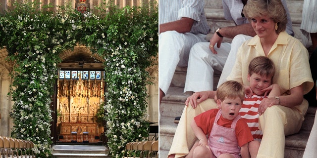 White roses, Princess Diana's favorite flower, decorate St. George's Chapel at Windsor Castle.
