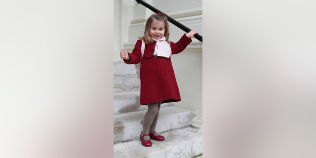 The Princess, who turns three in May, sported a red coat by the designer Amaia Kids with matching red shoes and red bow for her first day of school.