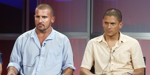 Actors Dominic Purcell (L) and Wentworth Miller, stars of the Fox television network drama series 'Prison Break,' about a group of escaped prisoners, answers questions during a panel discussion at the Television Critics Association summer media tour in Pasadena, California July 24, 2006. The show premieres Fall 2006. REUTERS/Fred Prouser (UNITED STATES) - RTR1FSNW