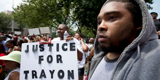 July 20, 2013: Protesters demonstrate over the George Zimmerman verdict in front of a federal courthouse in Washington.