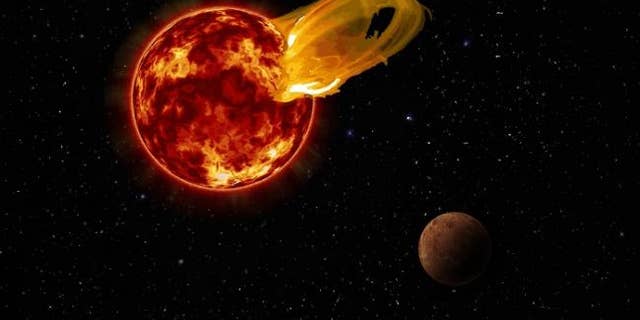 Artist's illustration of a powerful flare erupting from the red dwarf star Proxima Centauri.