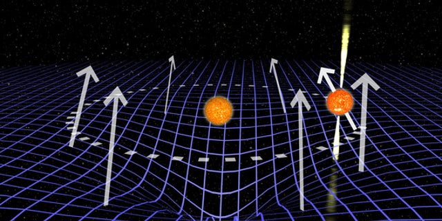 This graphic depicts the pulsar J1906 (at right with radio beams) and its companion star, with the curvature of spacetime in the region illustrated by a blue grid. This curvature has led to the pulsar's apparent disappearance in the sky, scient