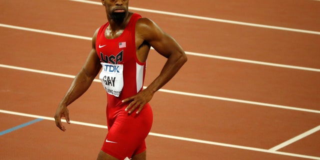Tyson Gay leaves the track after an events at the World Athletics Championships in 2015.