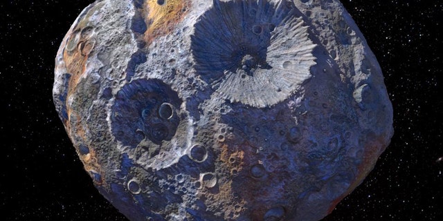An artist's rendering of the massive metal asteroid Psyche, which orbits the sun between Mars and Jupiter.