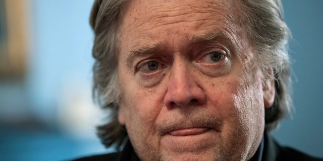 FILE: Steve Bannon, President Donald Trump's former chief strategist, talks during an interview in Washington.