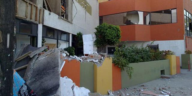 April 4: Photo provided by Jorge Rivera aka "cimarron98" via Twitter shows structural damage to the Escomex business school building after an earthquake in Mexicali, Mexico. (AP)