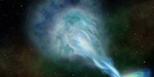 An artist’s illustration of a radio jet spewing out fast-moving material from the newly discovered quasar PSO J352.4034-15.3373, which lies about 13 billion light-years from Earth. Artwork by Robin Dienel, courtesy of Carnegie Institution for Science. Credit: Credit: Robin Dienel/Carnegie Institution for Science
