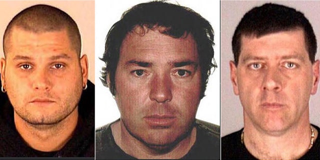 June 22, 2014: These images provided by Interpol show Yves Denis, 35, left, Serge Pomerleau, 49, center and Denis Lefebvre, 53, in undated police handout photos. The three inmates, who escaped a jail near Quebec City by helicopter on June 7, were arrested at a home in Montreal, Quebec provincial police said.