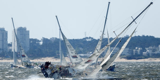 Boats participating in Clipper Round the World Yacht Race leave Punta del Este harbour in Uruguay, October 4, 2017.