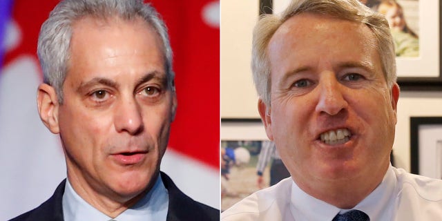Chicago's Rahm Emanuel, left, was criticized by Chris Kennedy, who is running for the state's gubernatorial nomination.