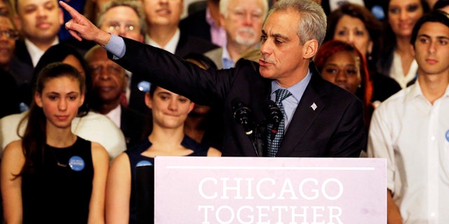 April 7, 2015: Chicago Mayor Rahm Emanuel points as he speaks on election night at Plumbers Local 130 Union Hall.