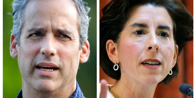 FILE - This panel of 2018 photos shows former Rhode Island Secretary of State Matt Brown, left, and Gov. Gina Raimondo. Brown, Raimondo's top challenger in the Democratic gubernatorial primary on Wednesday, Sept. 12, was defeated.