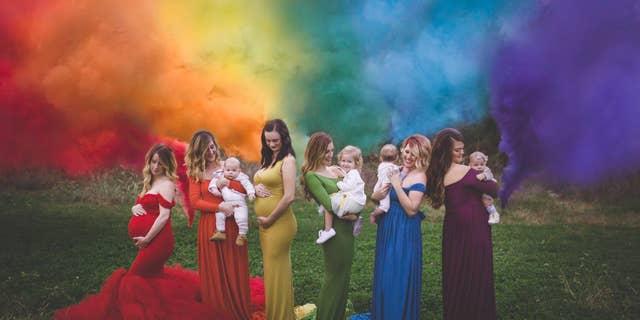 Six women pose for a photo with their "rainbow babies," those conceived after miscarriage or stillbirth.