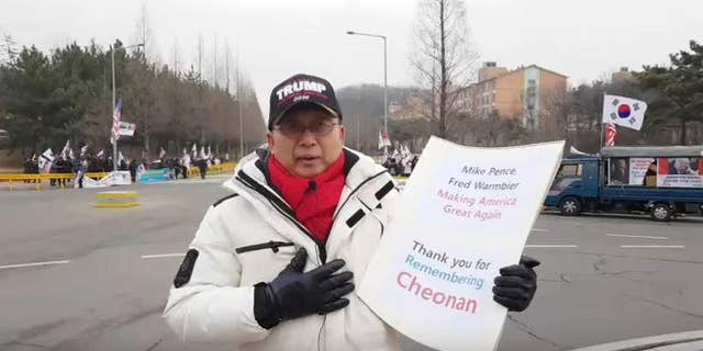 Casey Ilsun Kim, president of one prominent activist group, the Korean Patriotic Citizens’ Assembly’s Indictment (KPCA) at a rally this month welcoming Vice President Mike Pence.