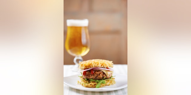 Burger with ramen and sri racha sauce