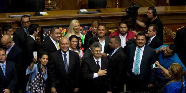 Henry Ramos Allup upon his arrival to the National Assembly in Caracas, Tuesday, Jan. 5, 2016.