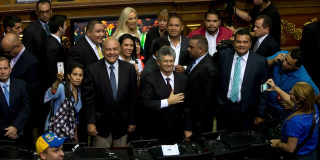 Henry Ramos Allup upon his arrival to the National Assembly in Caracas, Tuesday, Jan. 5, 2016.