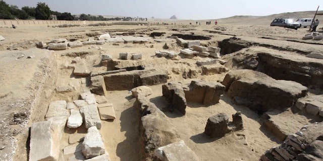 This undated photo released by the Egyptian Ministry of Antiquities shows the remains of a recently discovered temple for King Ramses II, in Abusir, southwest of Cairo. The discovery was made near the step pyramid of Saqqara (Egyptian Ministry of Antiquities via AP)