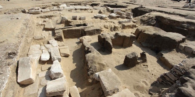 This undated photo released by the Egyptian Ministry of Antiquities shows the remains of a recently discovered temple for King Ramses II, in Abusir, southwest of Cairo. The discovery was made near the step pyramid of Saqqara (Egyptian Ministry of Antiquities via AP)