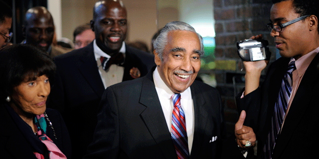 Rep. Charles Rangel, D-N.Y., gives a thumbs-up as arrives with his wife, Alma, left, at his primary-night rally, Tuesday, Sept. 14, 2010, in New York. (AP)
