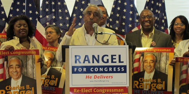 Rep. Charlie Rangel, surrounded by supporters, holds a press conference addressing the pending ethics allegations against him. (FNC)