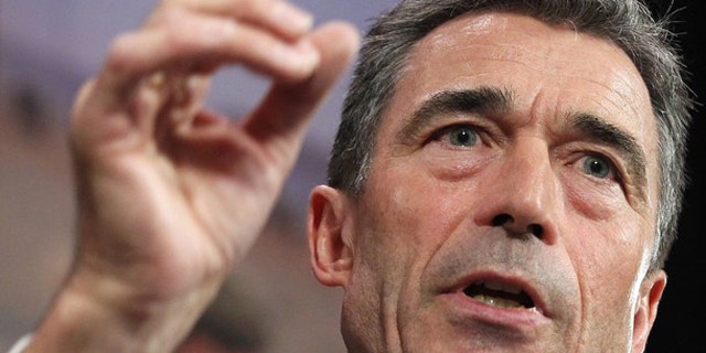 NATO Secretary General Anders Fogh Rasmussen briefs the media during his monthly news conference at the Alliance headquarters in Brussels May 4.