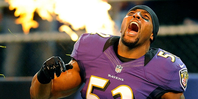 FILE - In this Aug. 17, 2012, file photo, Baltimore Ravens linebacker Ray Lewis reacts as he is introduced before an NFL preseason football game against the Detroit Lions in Baltimore. Lewis was elected to the Pro Football Hall of Fame on Saturday, Feb. 3, 2018. (AP Photo/Nick Wass, File)