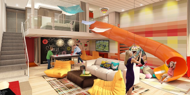 The two-floor family suite offers a slide to take guests from the upper to lower levels.