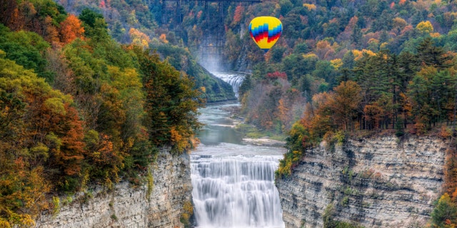 Hot Air Balloon Over The Middle Falls At Letchworth State Park In New York