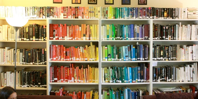 A girl reads in front of shelves of books sorted by color.