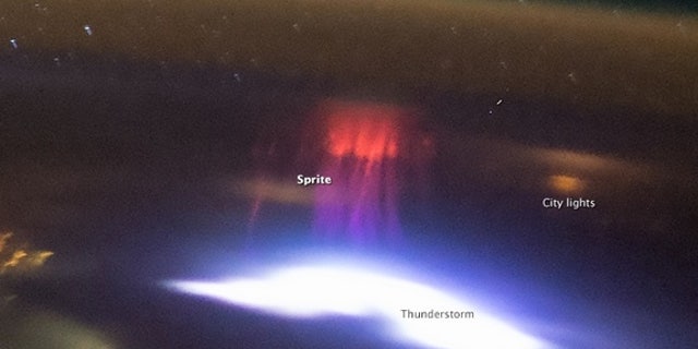 A red sprite photographed by space station astronauts on Aug. 10, 2015, above Acapulco, Mexico.