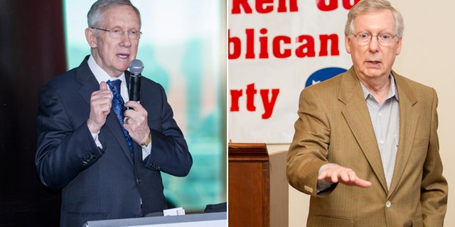 In this Monday, Oct. 27, 2014, Senator Harry Reid speaks before the revealing of the world's largest rooftop solar array in Las Vegas. and U.S. Sen. Mitch McConnell speaks in Paducah, Ky., Wednesday, Oct. 29, 2014.