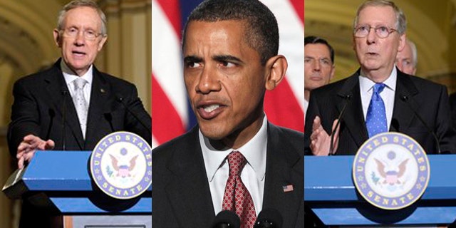 Shown here are Senate Democratic Leader Harry Reid, left, President Obama and Senate Republican Leader Mitch McConnell.