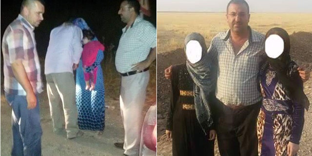 At left, Yazidi men stand by as a recently freed captive is consoled. At right, Abu Shujaa stands with two freed women.
