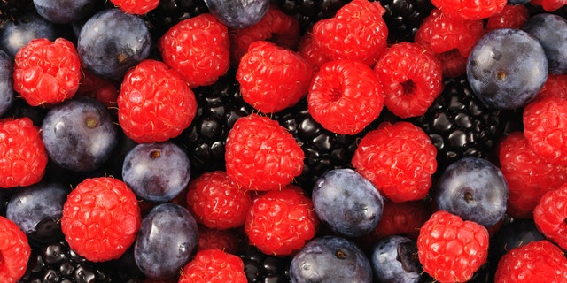 Blueberry, raspberry and blackberry patterned background material.