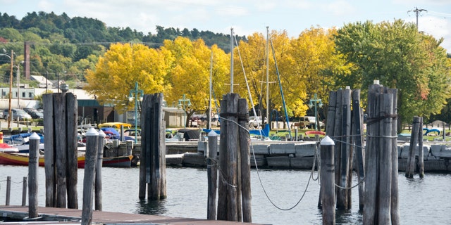 Burlington, VT, USA: Boats line the docks on the Burlington, VT waterfront on this sunny autumn afternoon.