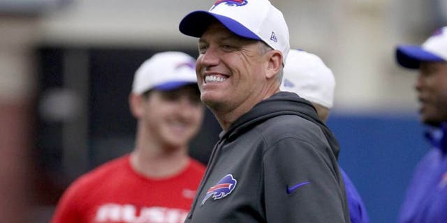 Jun 16, 2015; Buffalo, NY, USA; Buffalo Bills head coach Rex Ryan watches his team during minicamp at Ralph Wilson Fieldhouse. Mandatory Credit: Timothy T. Ludwig-USA TODAY Sports