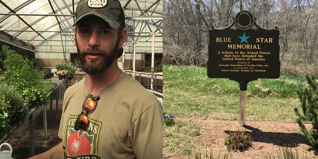 Rich Murphy, left, discusses Veterans to Farmers at Rebel Farm in Denver, Colorado. At right, a plaque honoring U.S. military veterans at Chatfield Farms in Denver Botanic Gardens.