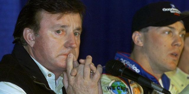 Richard Childress, left, answers questions during a news conference in North Carolina, Feb. 23, 2001. He shot at three intruders at his North Carolina home, authorities said Wednesday.