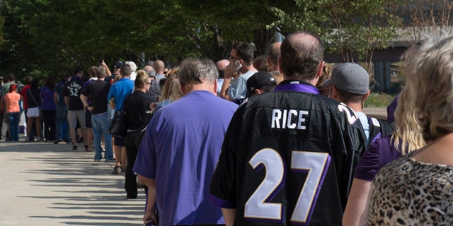 Sep 19: Baltimore Ravens fans wait in line over an hour to exchange their Ray Rice jerseys for new NFL jerseys at M&amp;T Bank Stadium.